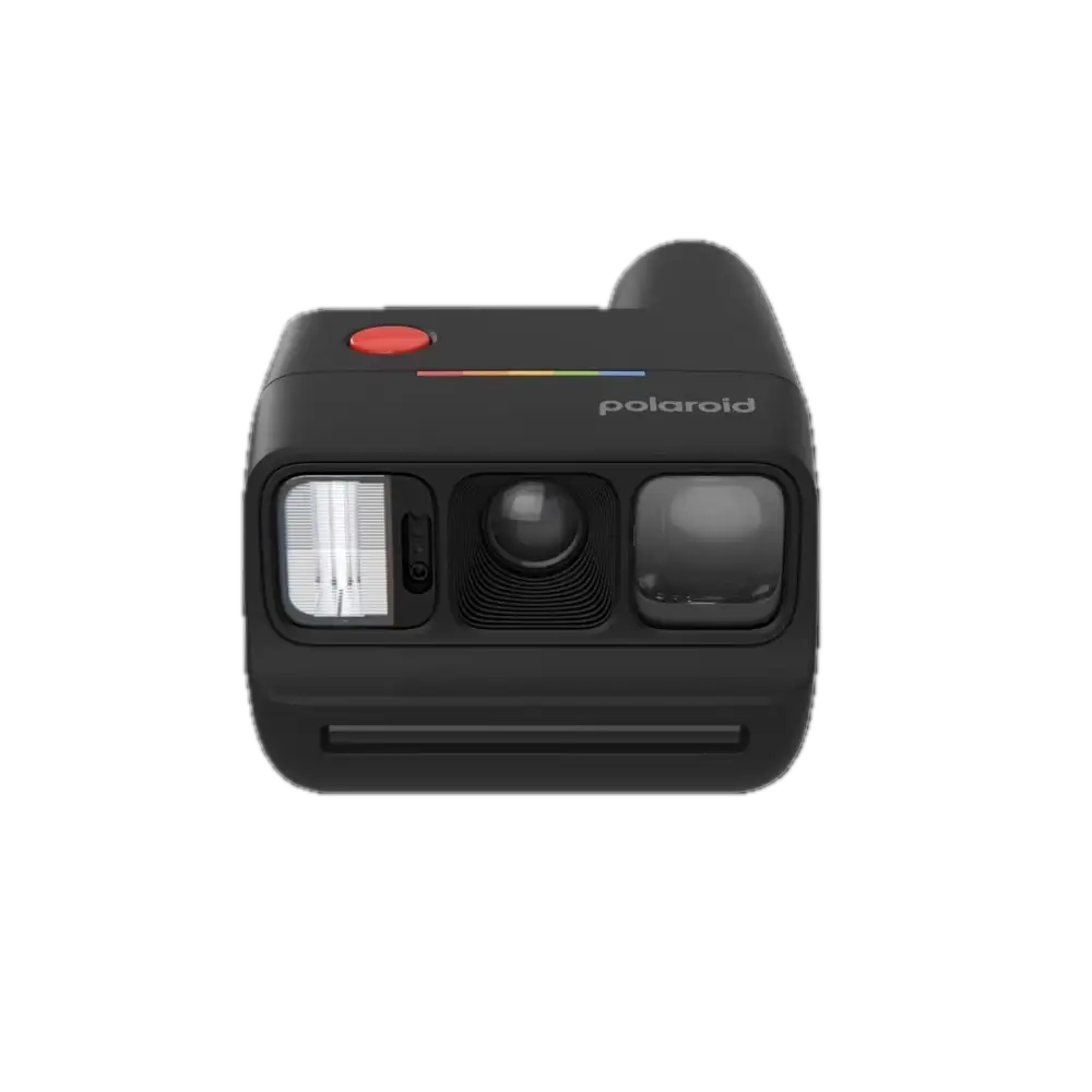 Black Polaroid Go Generation 3 instant camera with red shutter button and rainbow stripe for instant film photography