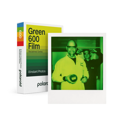 Polaroid Green 600 Film - Reclaimed Series box with green-hued instant photo sample