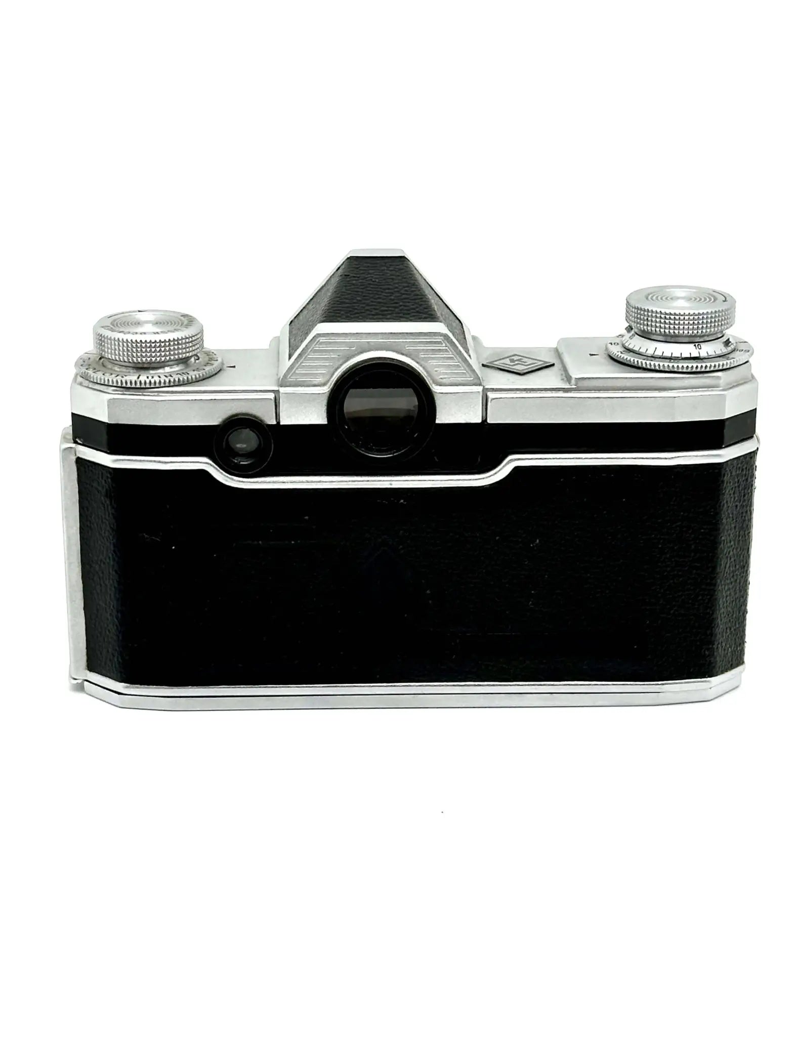 Black leather-bodied camera with silver metal accents and a classic rangefinder design.