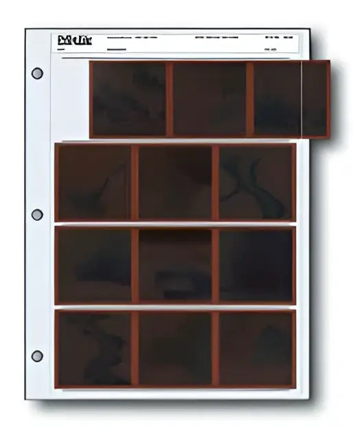 White plastic photo album page with brown protective sleeves for storing small photographs.