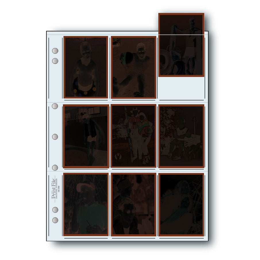 Print File 120-9HB archival page holding nine cut 120 film negatives in individual pockets