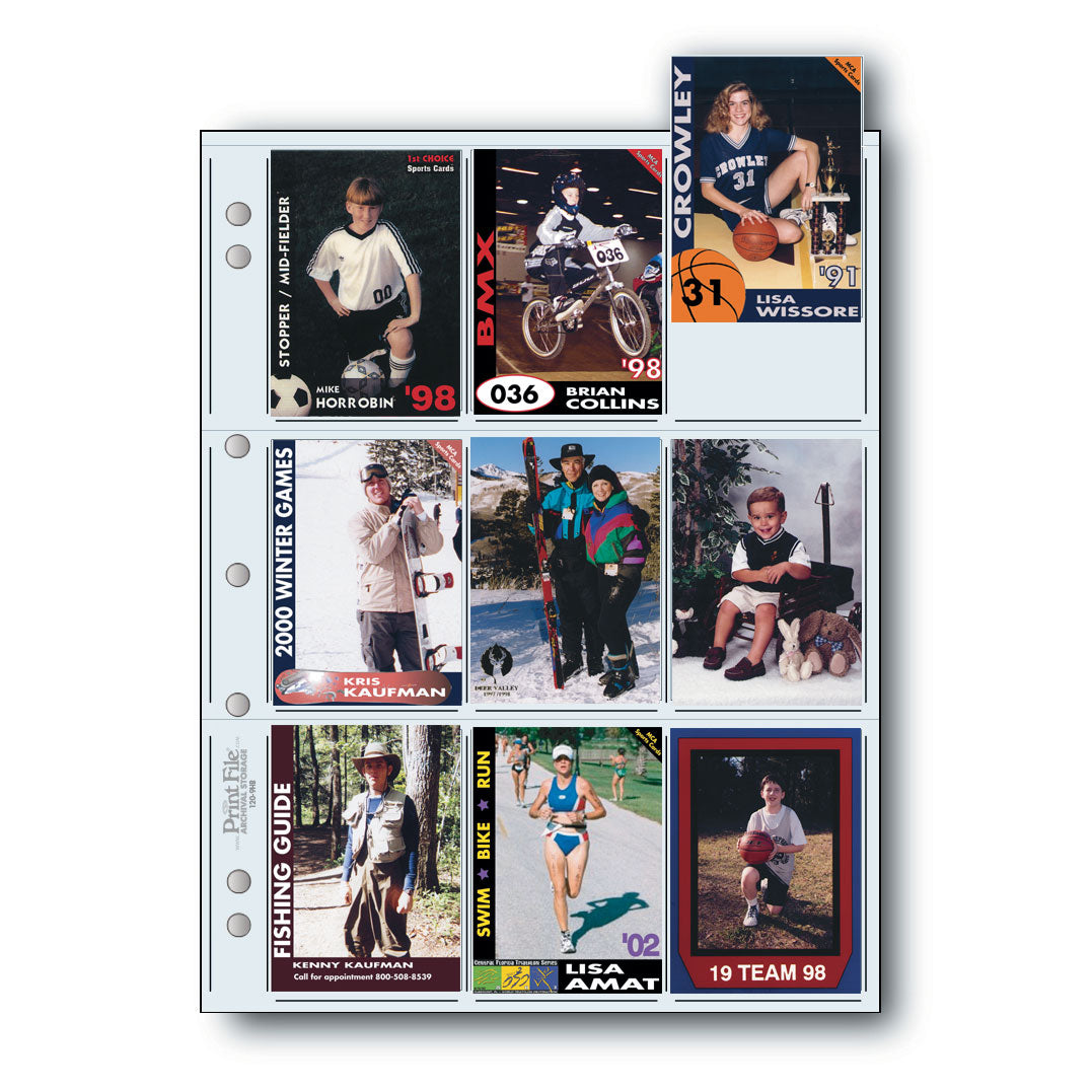 Print File 120-9HB clear page with nine pockets holding 2.5 x 3.5 inch trading cards