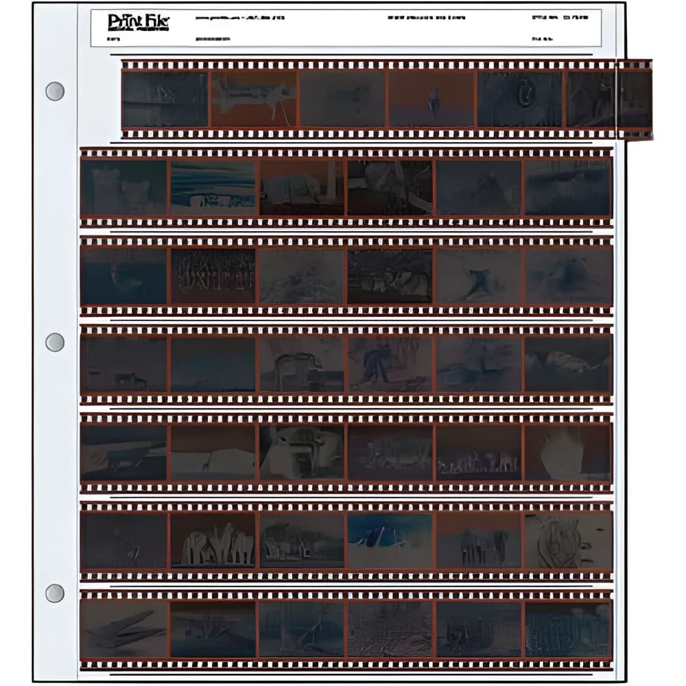 Printfix brand film strip organizer with multiple rows of dark, perforated edges holding individual frames.