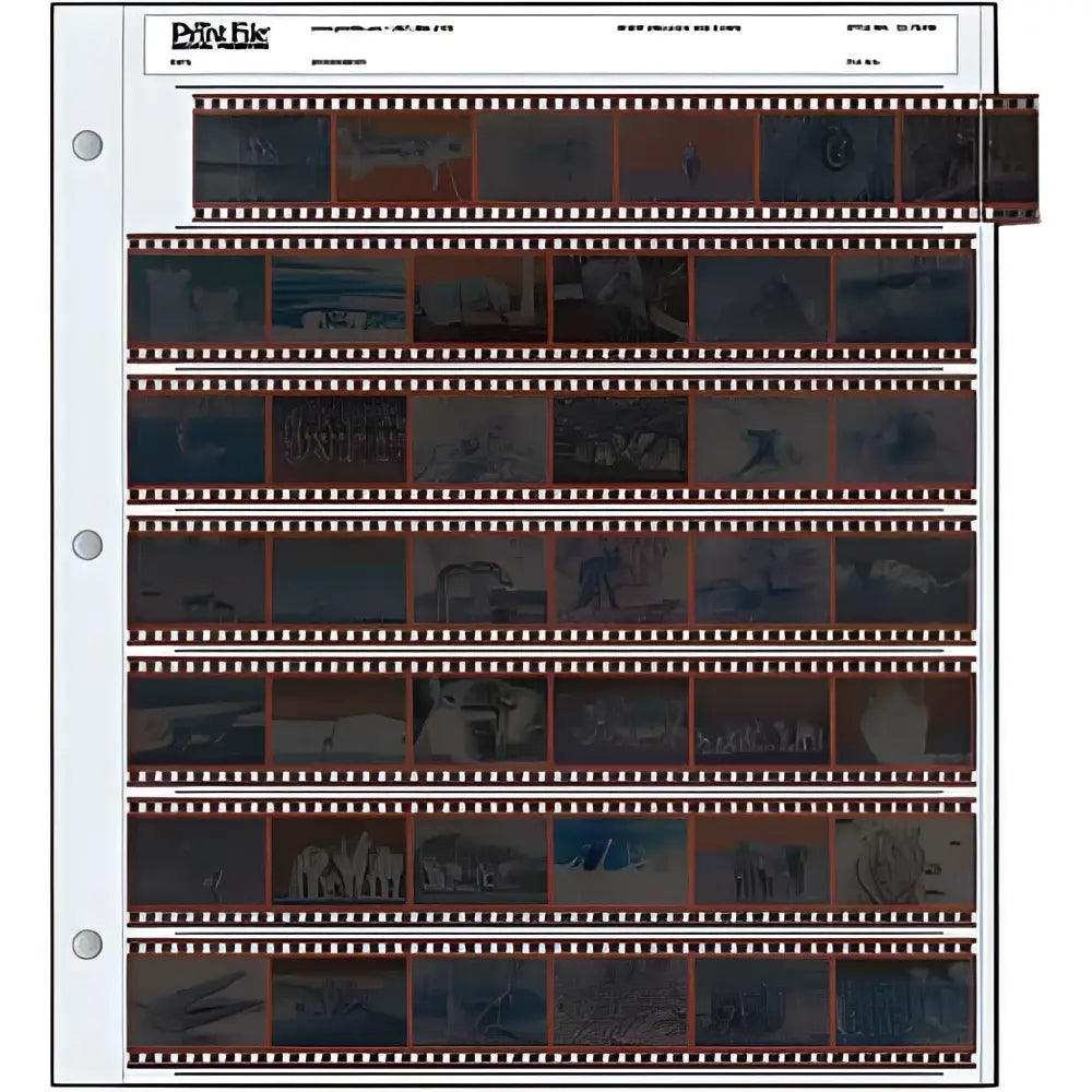 Printfix brand film strip organizer with multiple rows of dark, perforated edges holding individual frames.