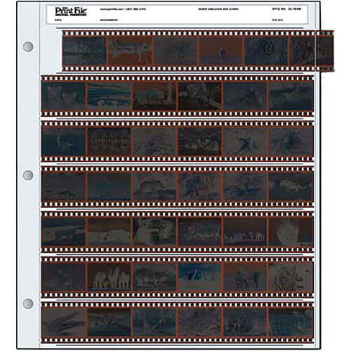 Print File archival storage page for 35mm negatives, 7 strips x 6 frames, showcasing film preservation features.