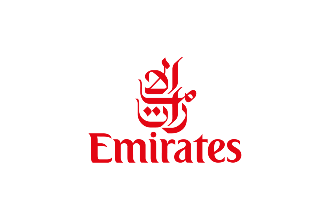 Red Emirates logo with Arabic calligraphy above Emirates text for Abu Dhabi travel from Dubai Airport