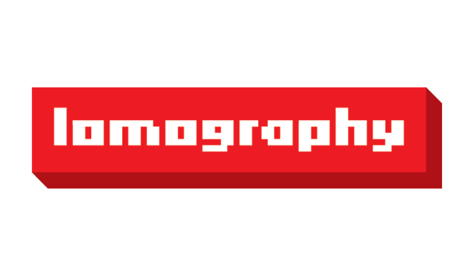 Red lomography store logo in white pixelated font