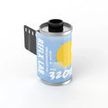 A cylindrical roll of reflx lab 320d ahu color 35x36 film with a light blue label and yellow circular graphic
