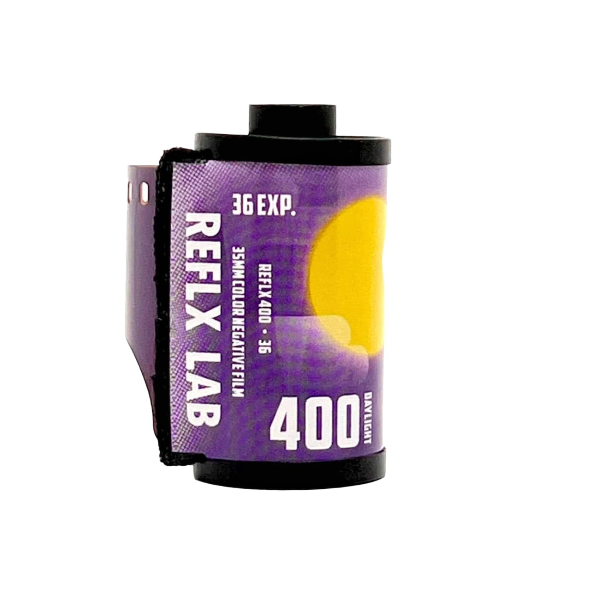 Purple reflex lab 35mm color negative film canister with a yellow sun graphic and black plastic ends.