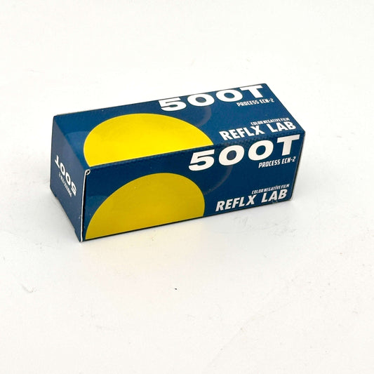 Reflx Lab 500T Color Ecn-2 120 film packaging showcasing vibrant design for analog photography enthusiasts.