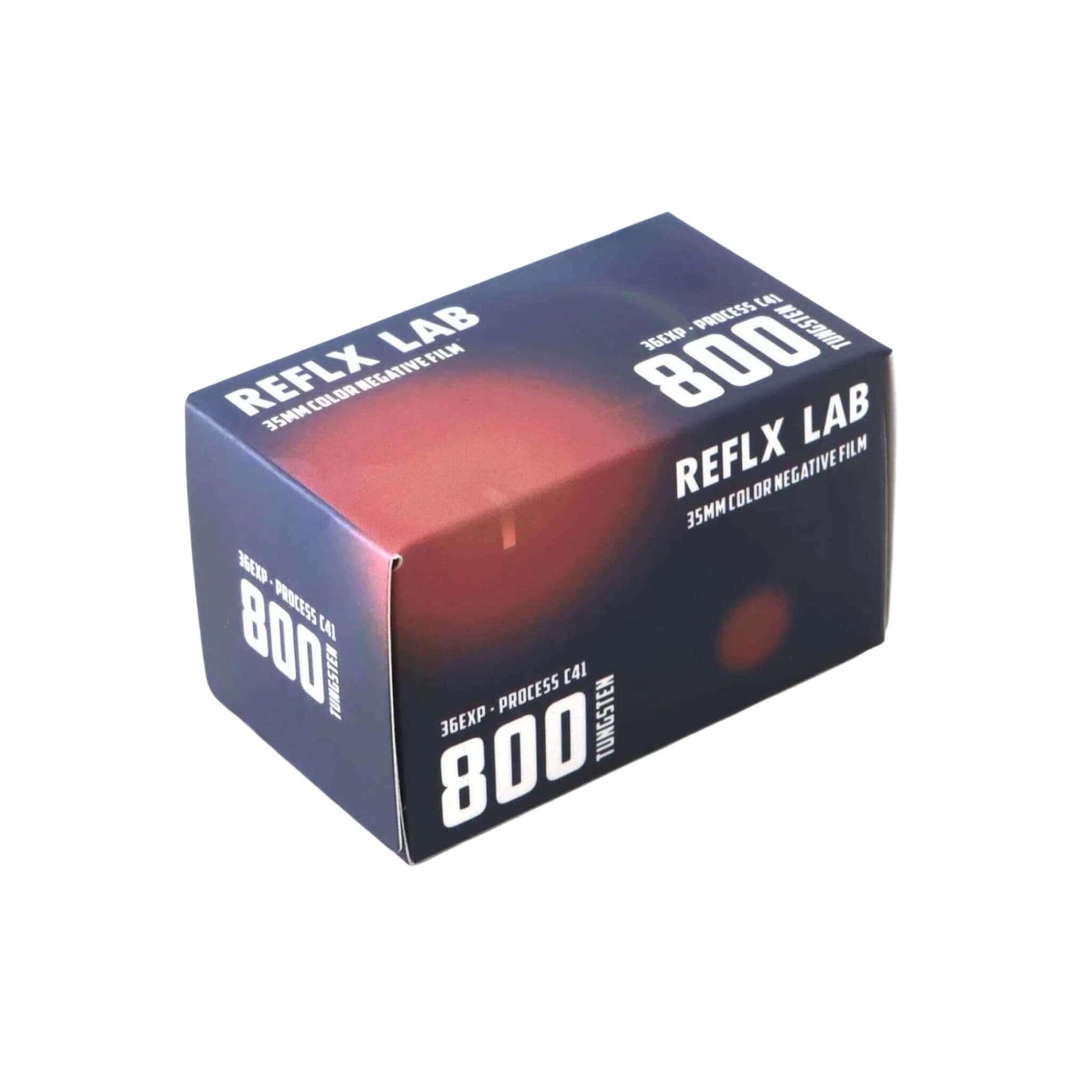 Dark blue rectangular box of reflex lab 35mm color negative film, model 800 with a gradient red-orange design.