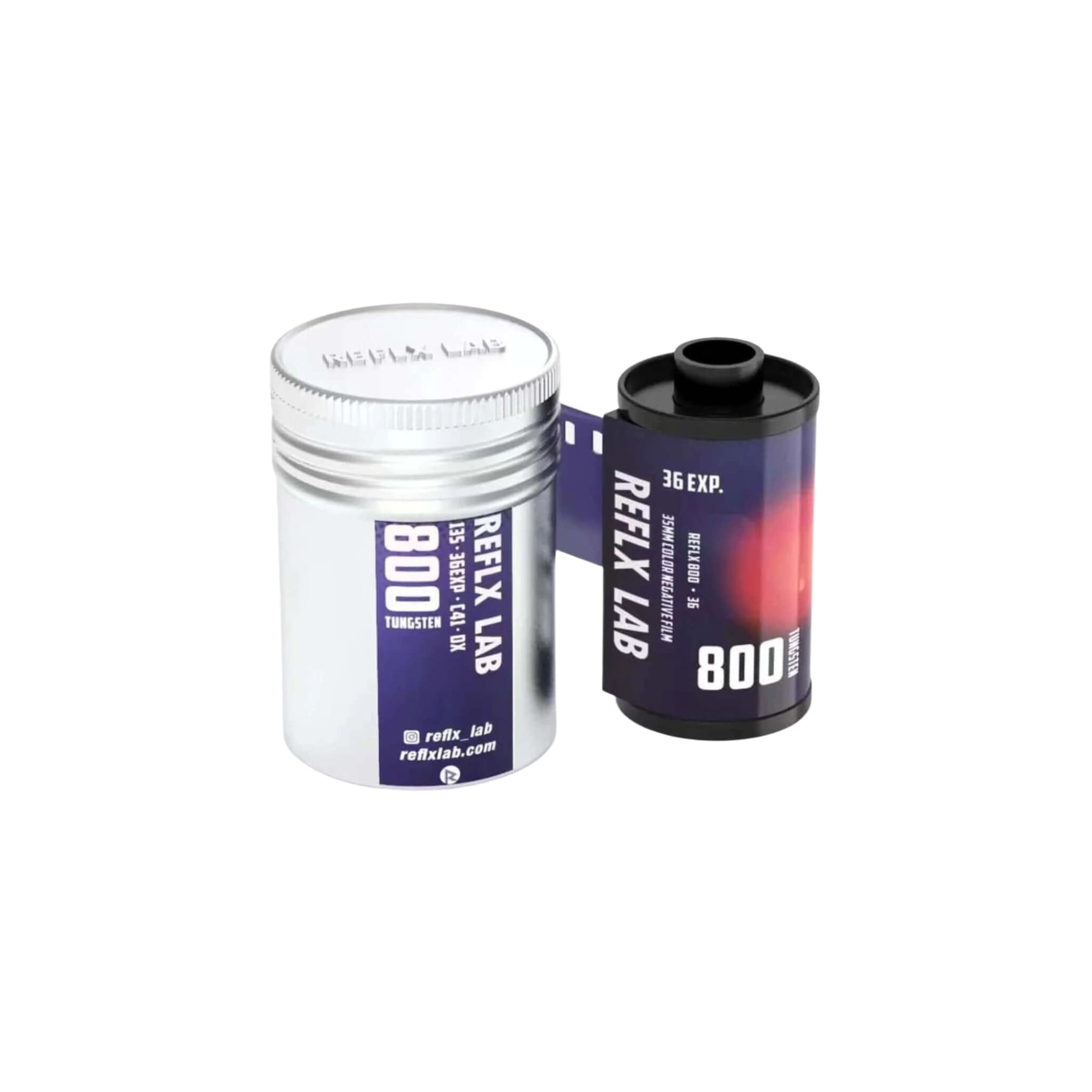 Silver cylindrical container with purple label holding reflex lab 800t tungsten film next to a black and red roll of the same brand’s 35mm color negative film.
