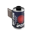 A sleek black and silver cylindrical roll of reflex lab 35mm color negative film, featuring a bold red circular design on its label.