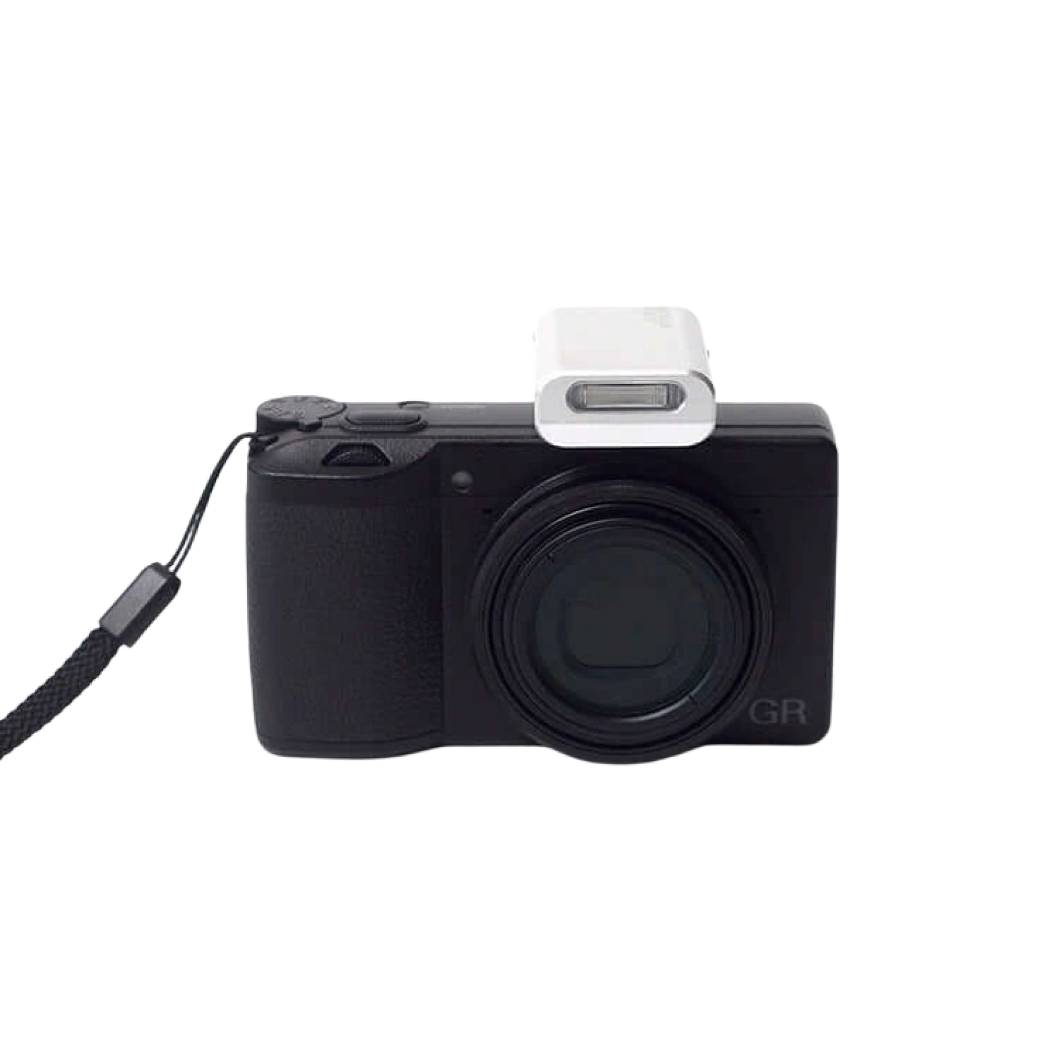 Black compact camera with a white flash attachment and black wrist strap.
