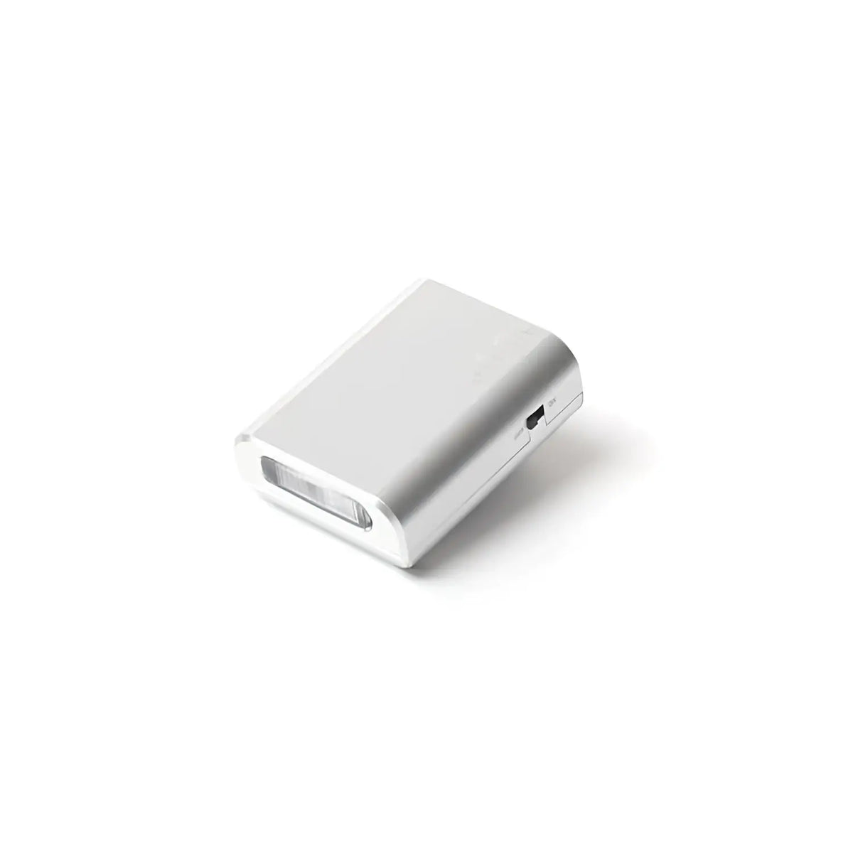 Silver rectangular portable phone charger with a usb port and an integrated led light on the front.