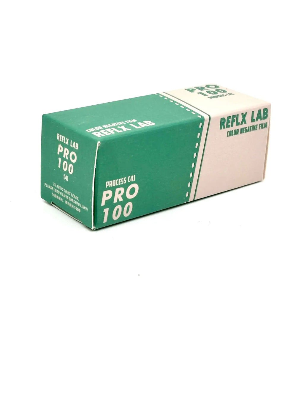 Green and beige rectangular box of reflex lab pro 100 color negative film.
