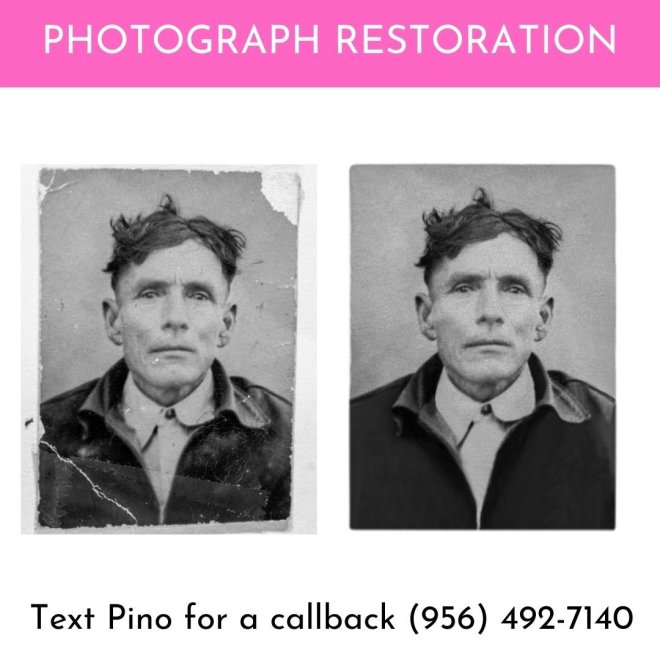 Restored black-and-white portrait of man, digital restoration service.