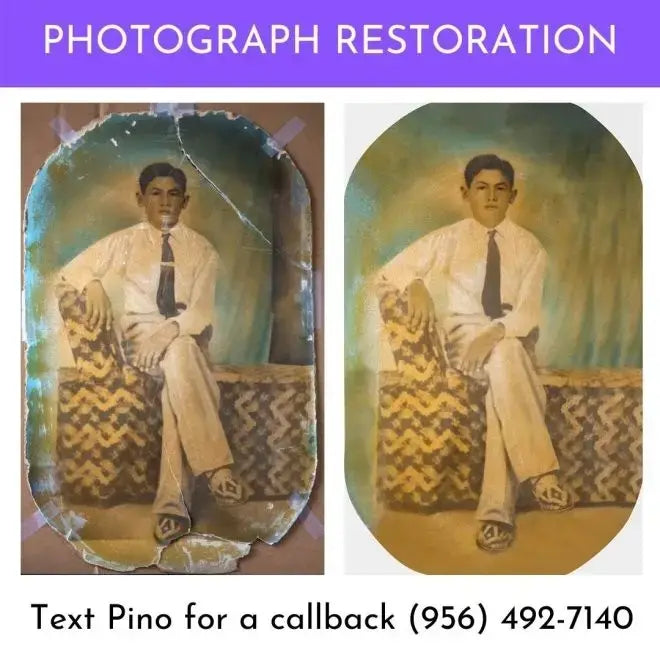 Restored vintage oval portrait of young man in formal attire on ornate chair
