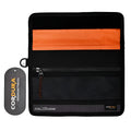 Black cordura fibrexertec wallet with an orange interior lining and a silver zipper.