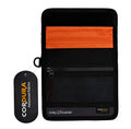 Black cordura wallet with orange interior lining and a zippered compartment.