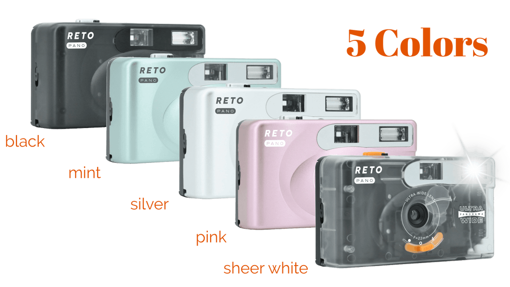 Reto Pano 35mm film camera available in 5 colors: black, mint, silver, pink, and sheer white.