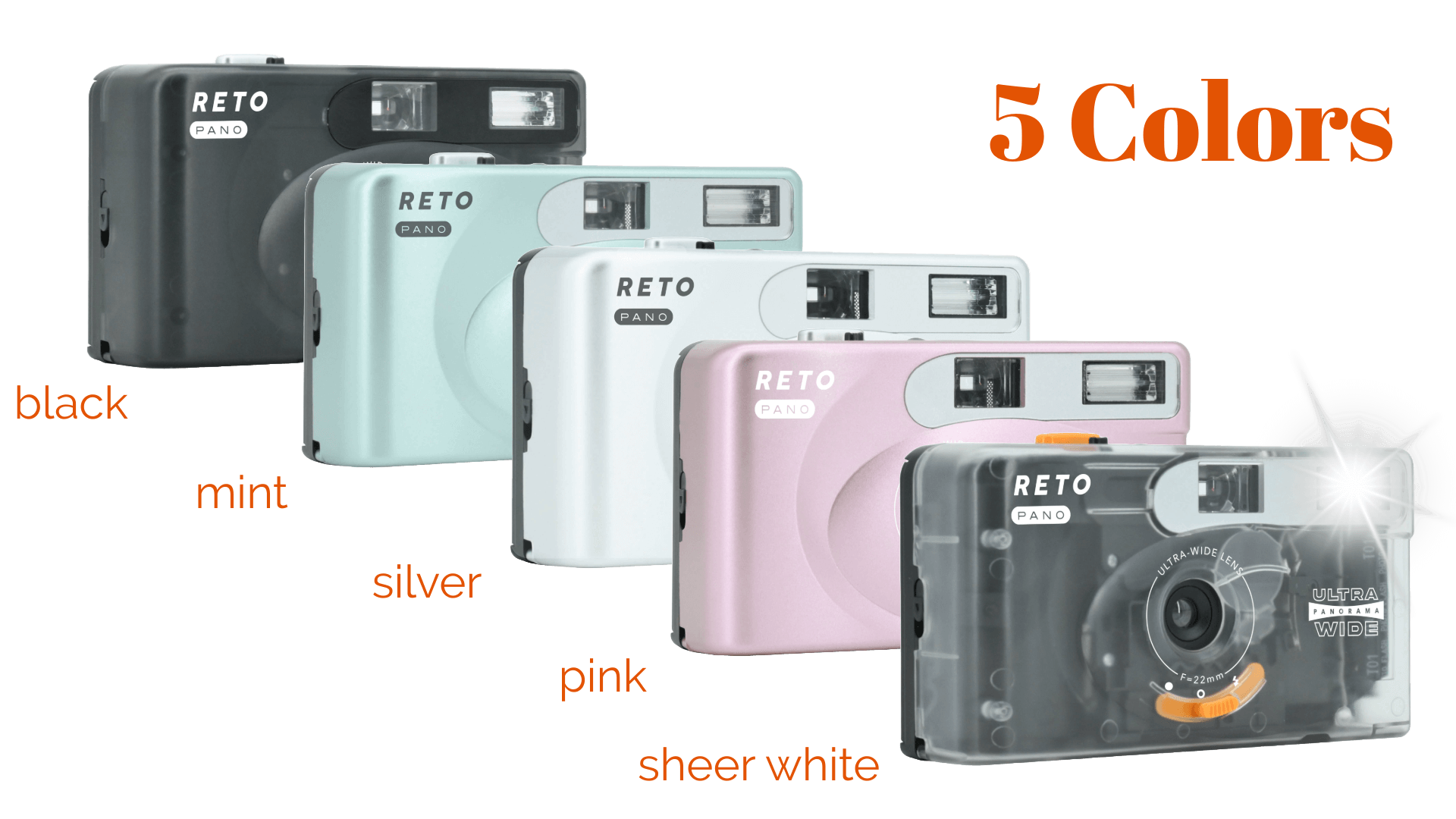 Reto Pano 35mm film camera available in 5 colors: black, mint, silver, pink, and sheer white.