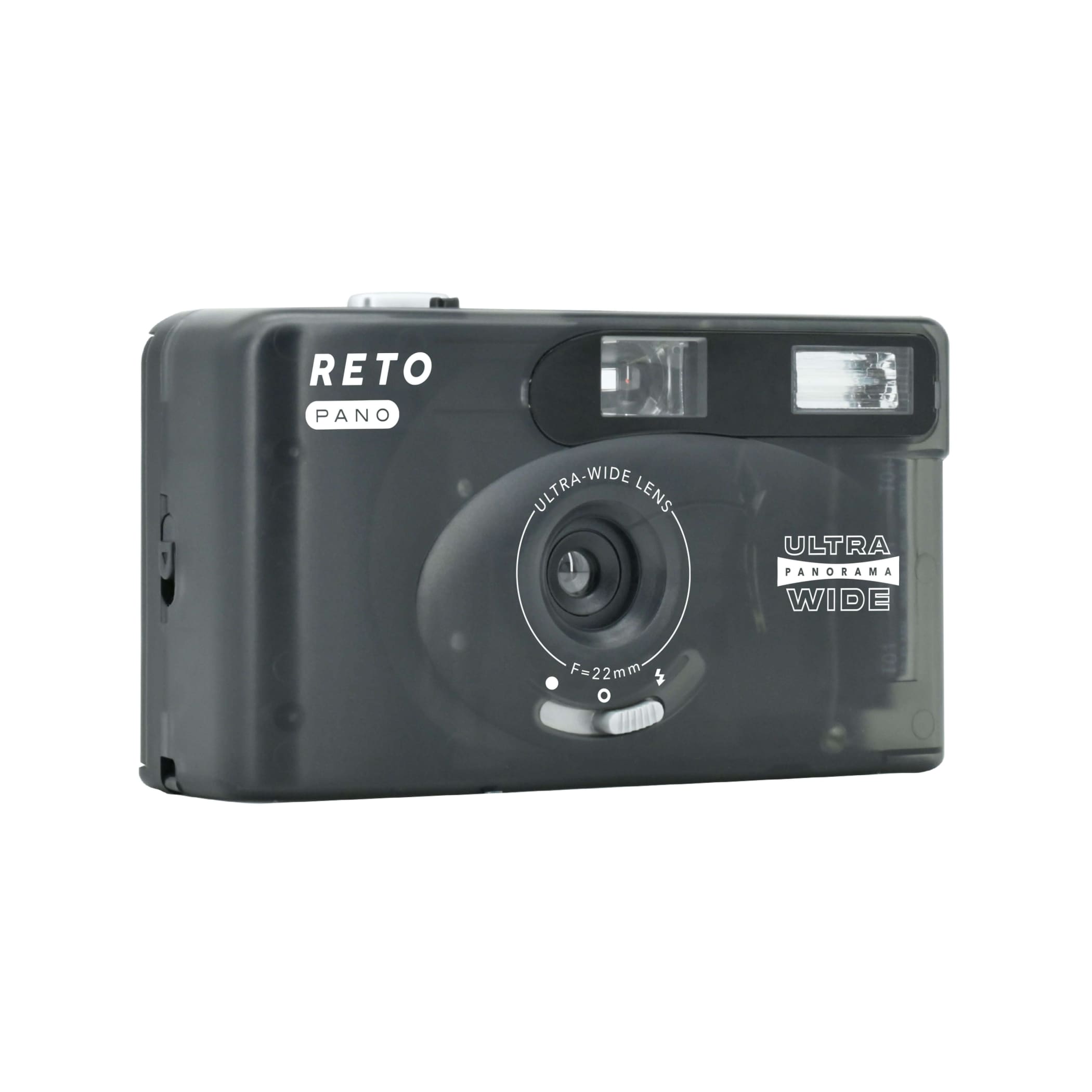 Black plastic reto pano ultra panorama wide camera with a 22mm ultra-wide lens and built-in flash.