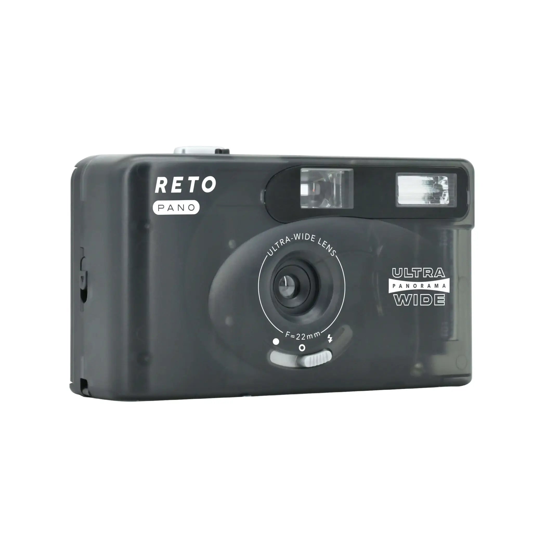 Black plastic reto pano ultra panorama wide camera with a 22mm ultra-wide lens and built-in flash.