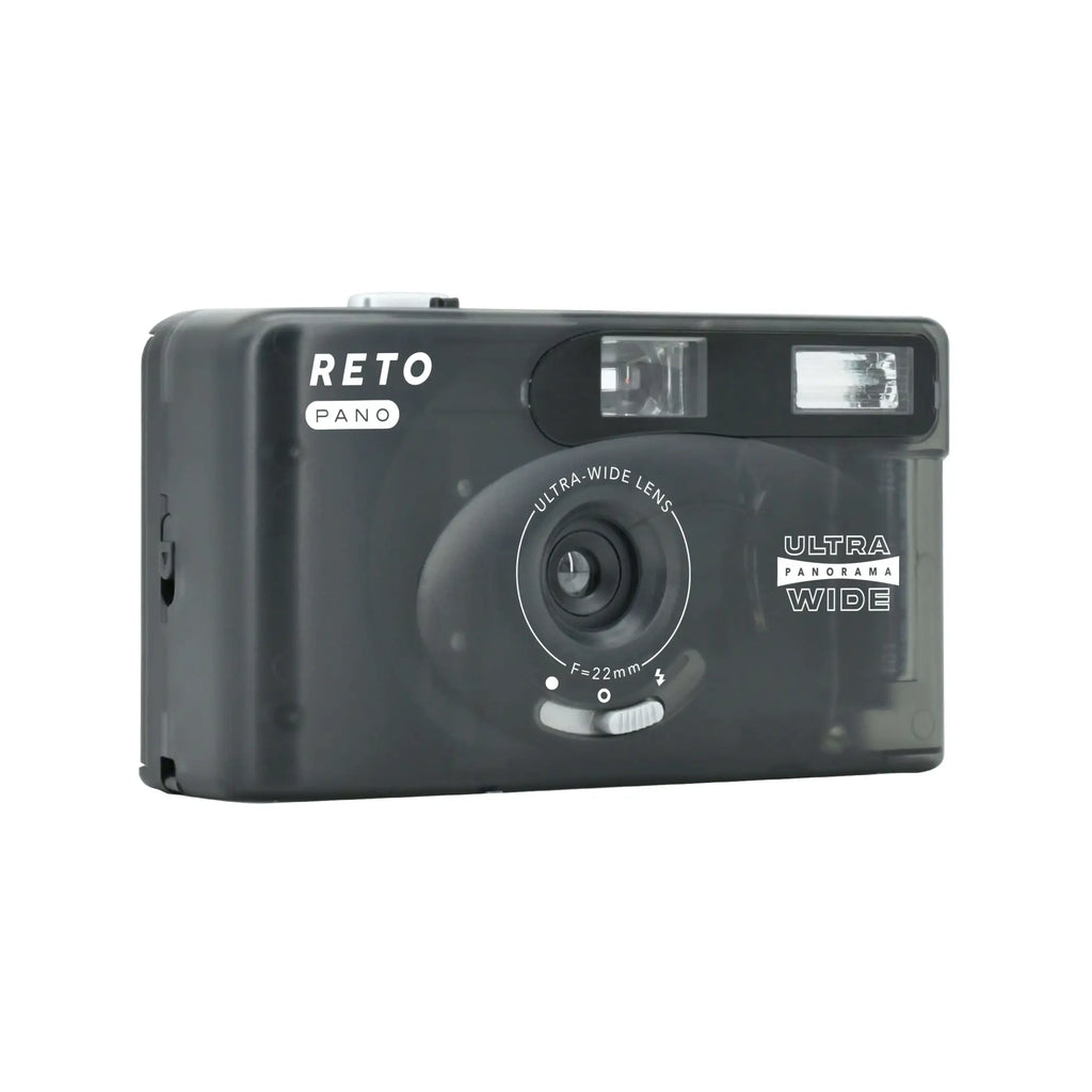 Black plastic reto pano ultra panorama wide camera with a 22mm ultra-wide lens and built-in flash.