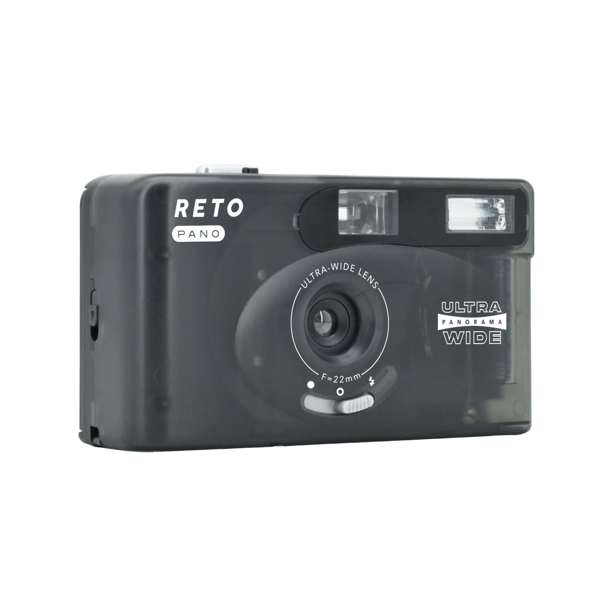 Black plastic reto pano ultra panorama wide camera with a 22mm ultra-wide lens and built-in flash.