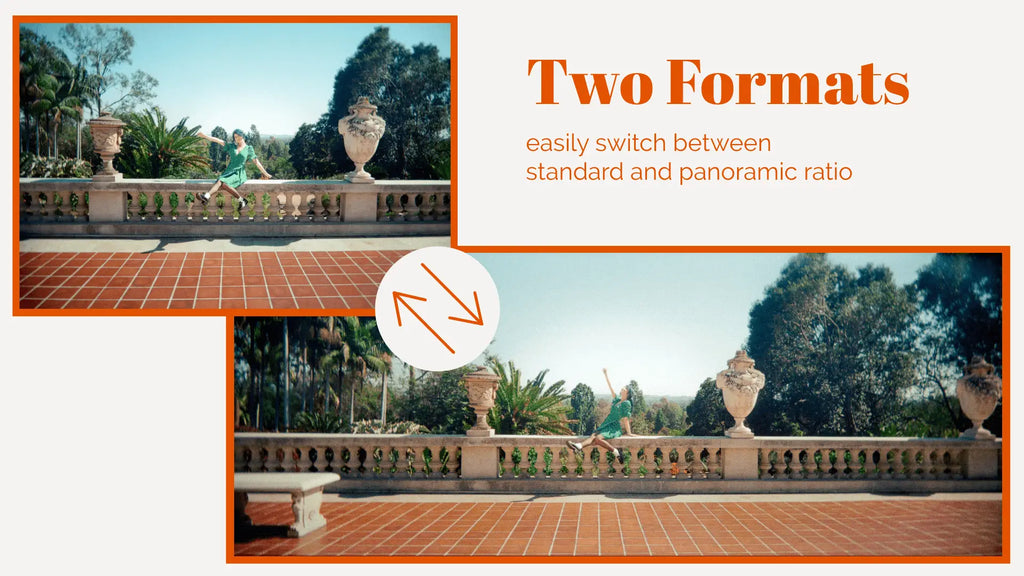 The image displays two formats of a panoramic photograph featuring an outdoor scene with ornate stone urns and tiled walkways.