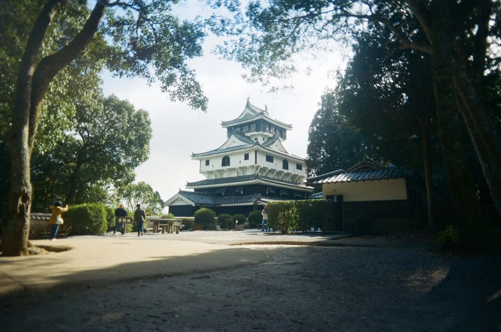 The main object is a traditional japanese castle with white walls, dark wooden accents, and multiple tiered roofs.