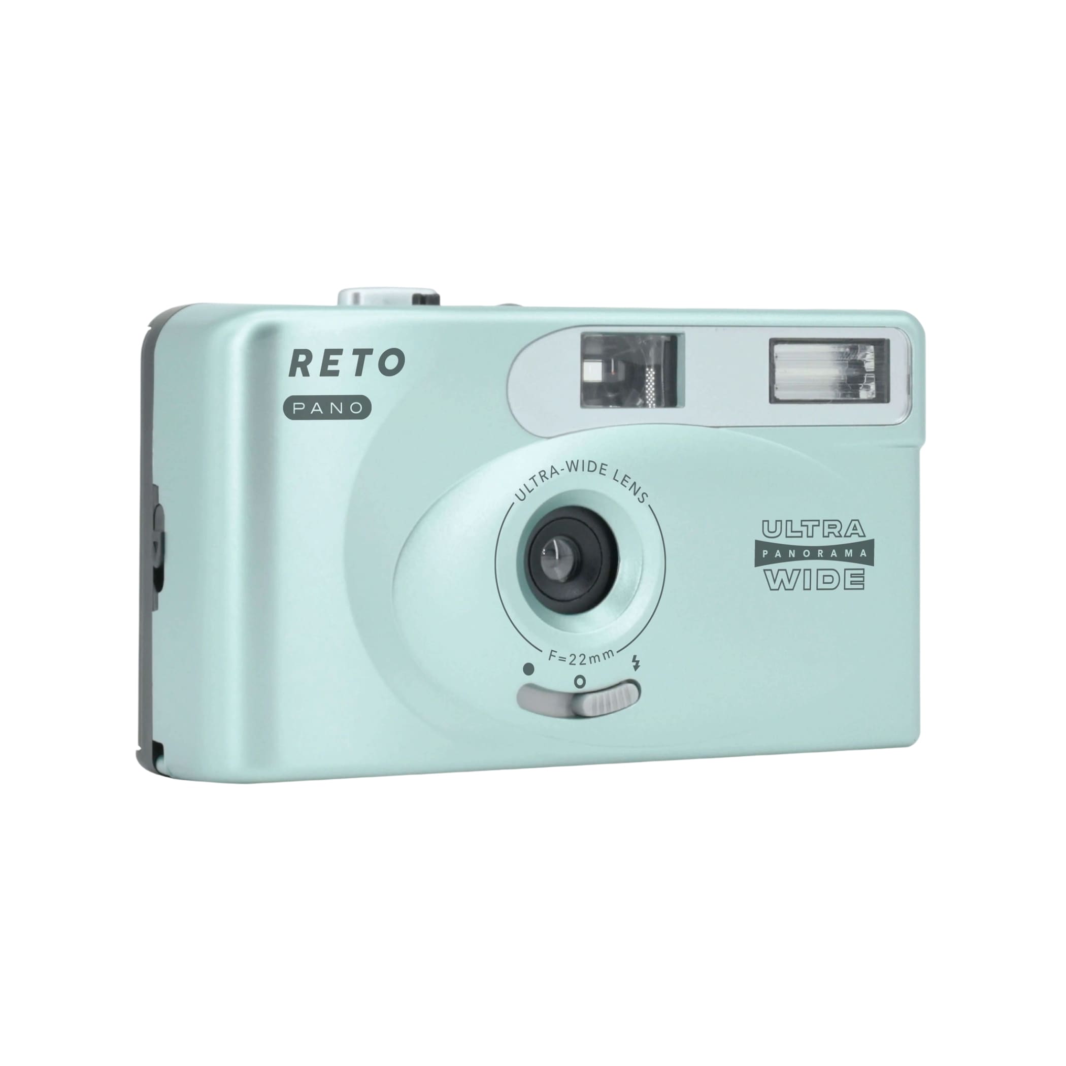 Mint green plastic compact camera with silver accents and ’reto pano’ branding.