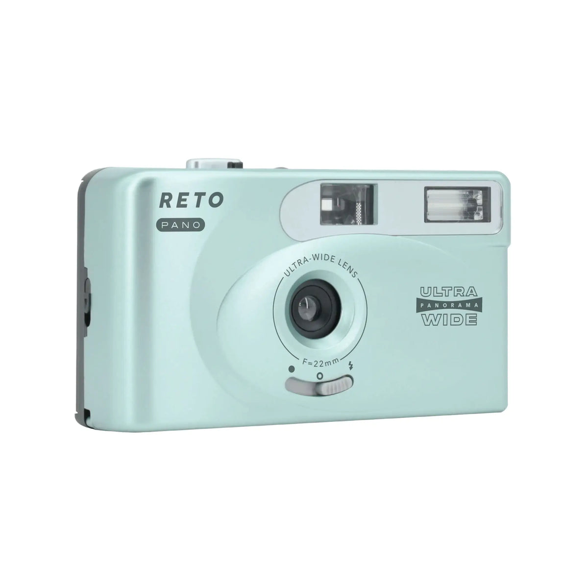 Mint green plastic compact camera with silver accents and ’reto pano’ branding.