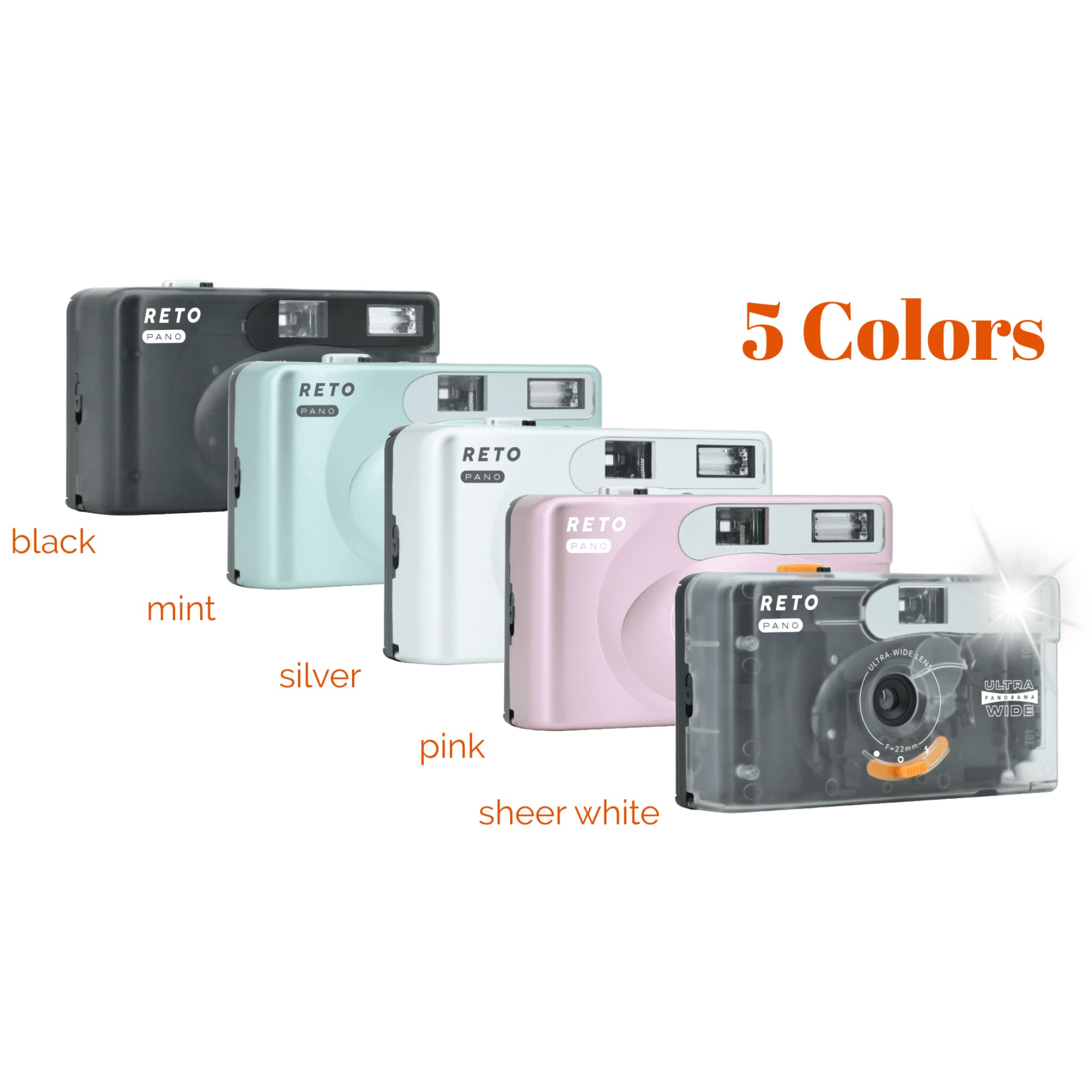 The reto panda ultra-wide film camera is available in five distinct colors: black, mint, silver, pink, and sheer white.