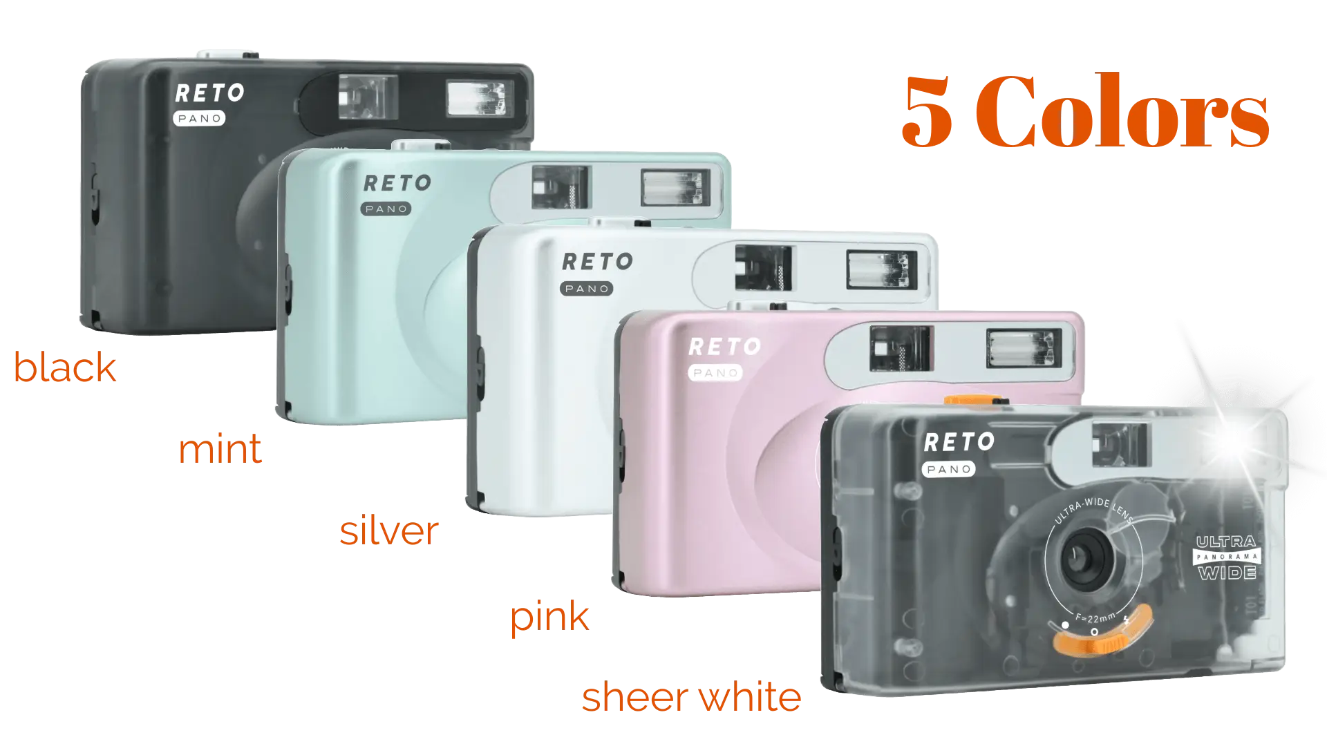 The reto panda ultra-wide film camera is available in five distinct colors: black, mint, silver, pink, and sheer white.