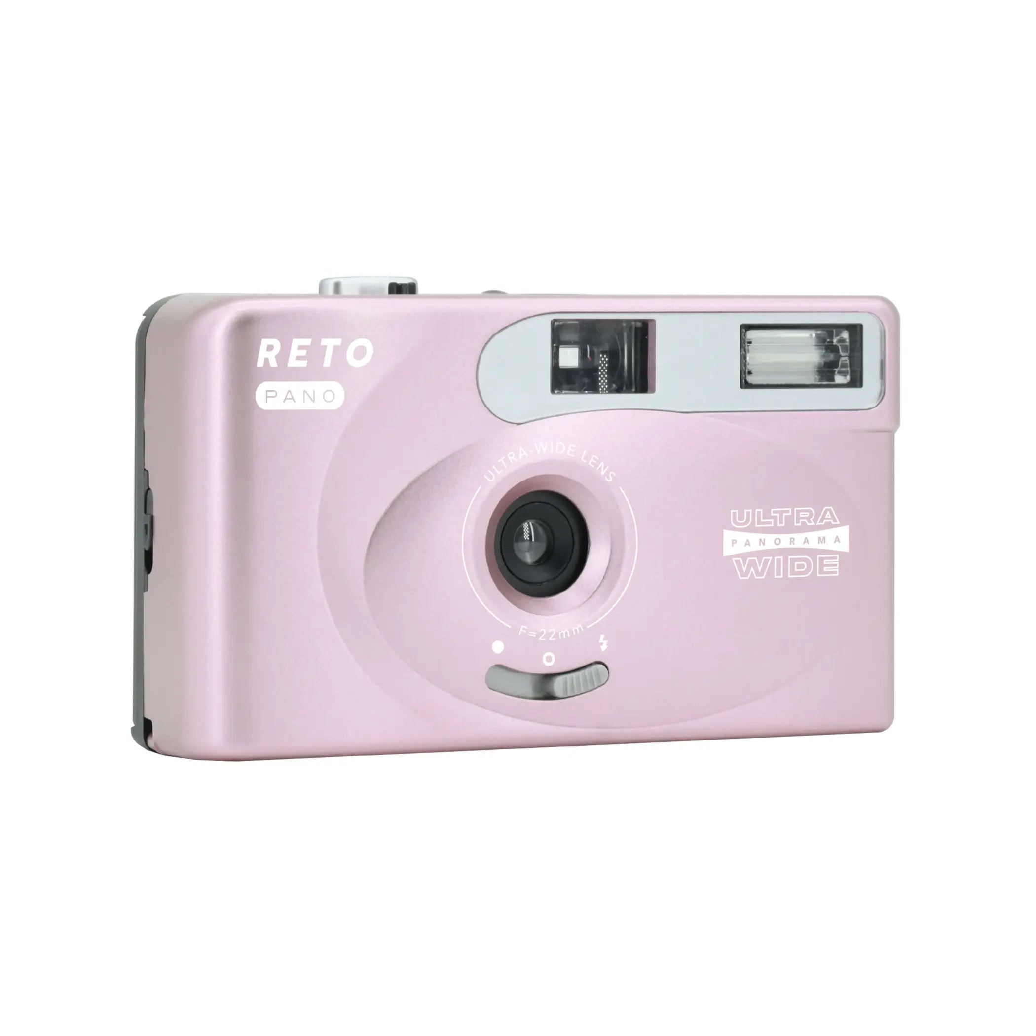 Pink reto pano ultra panorama wide camera with a silver flash and lens housing.