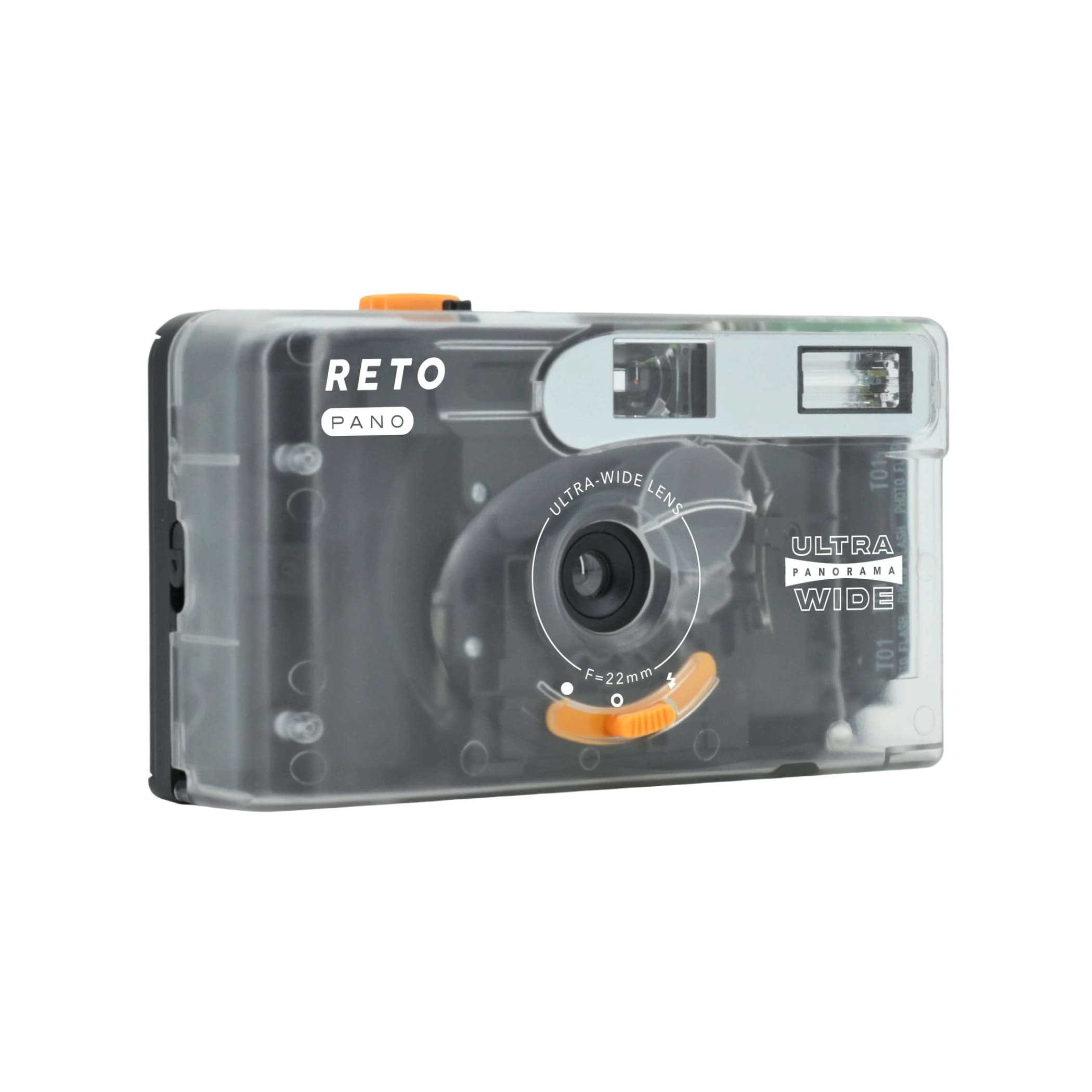 Transparent plastic camera with orange accents and ’reto pano’ branding.