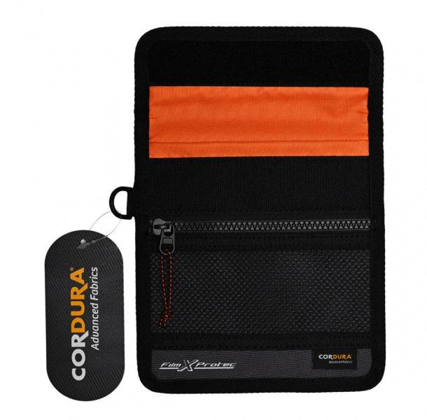 RETO Film X-Protec Bag made of durable Cordura fabric with orange accent and zippered pocket for X-ray protection.