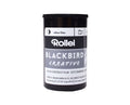 Black cylindrical canister of rollei blackbird creative high contrast black and white film.