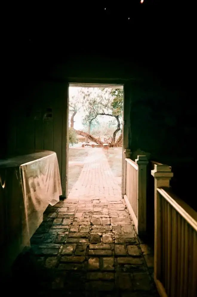Rustic stone pathway from dark doorway to sunlit scene on Lomography Turquoise Film