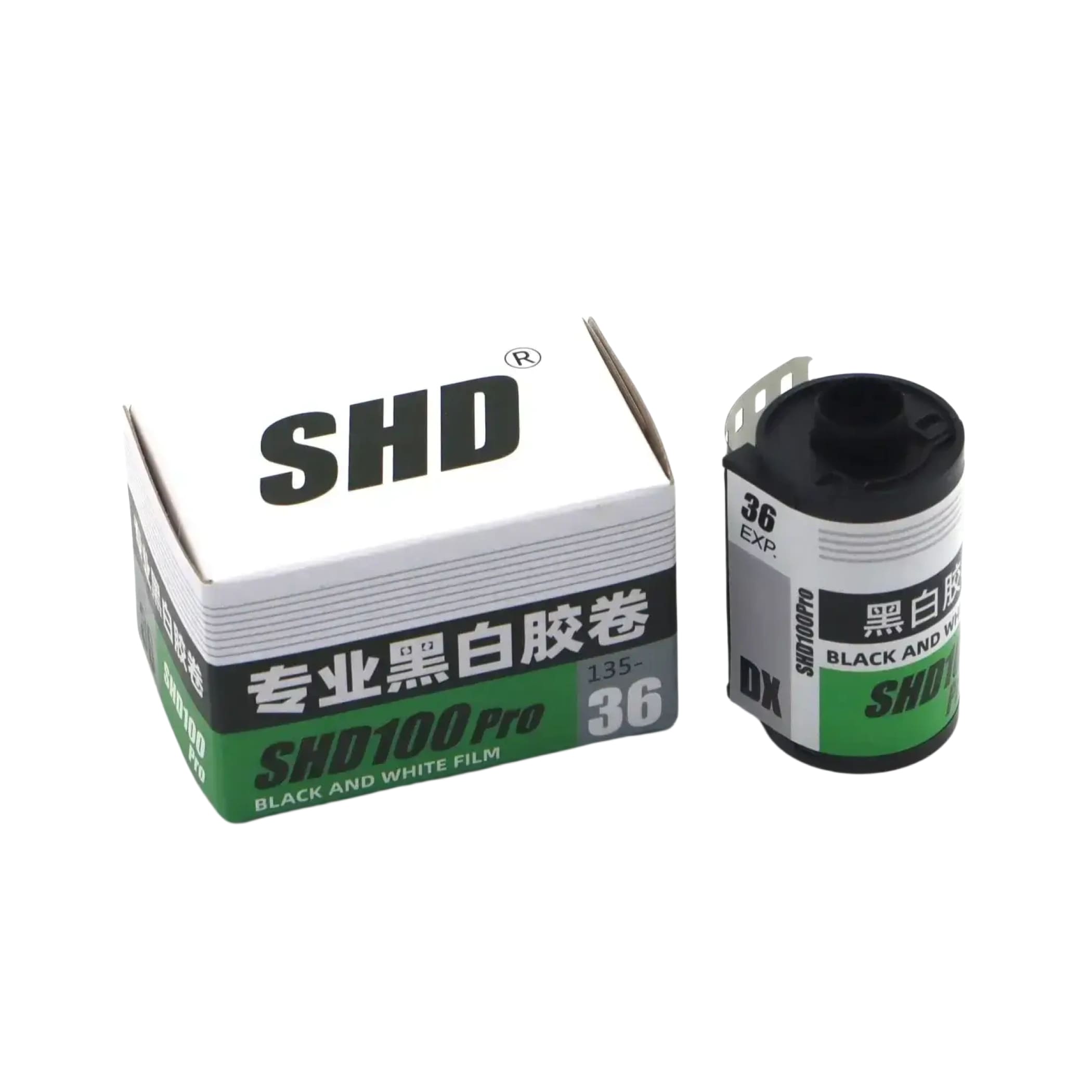 Shd100 pro black and white film roll in a green and white box.