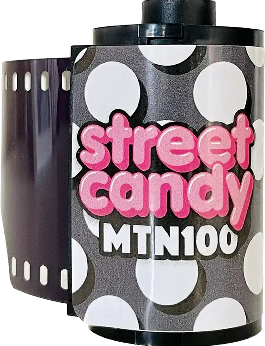 Street Candy MTN100 film canister showcasing classic black and white film for portrait and street photography.