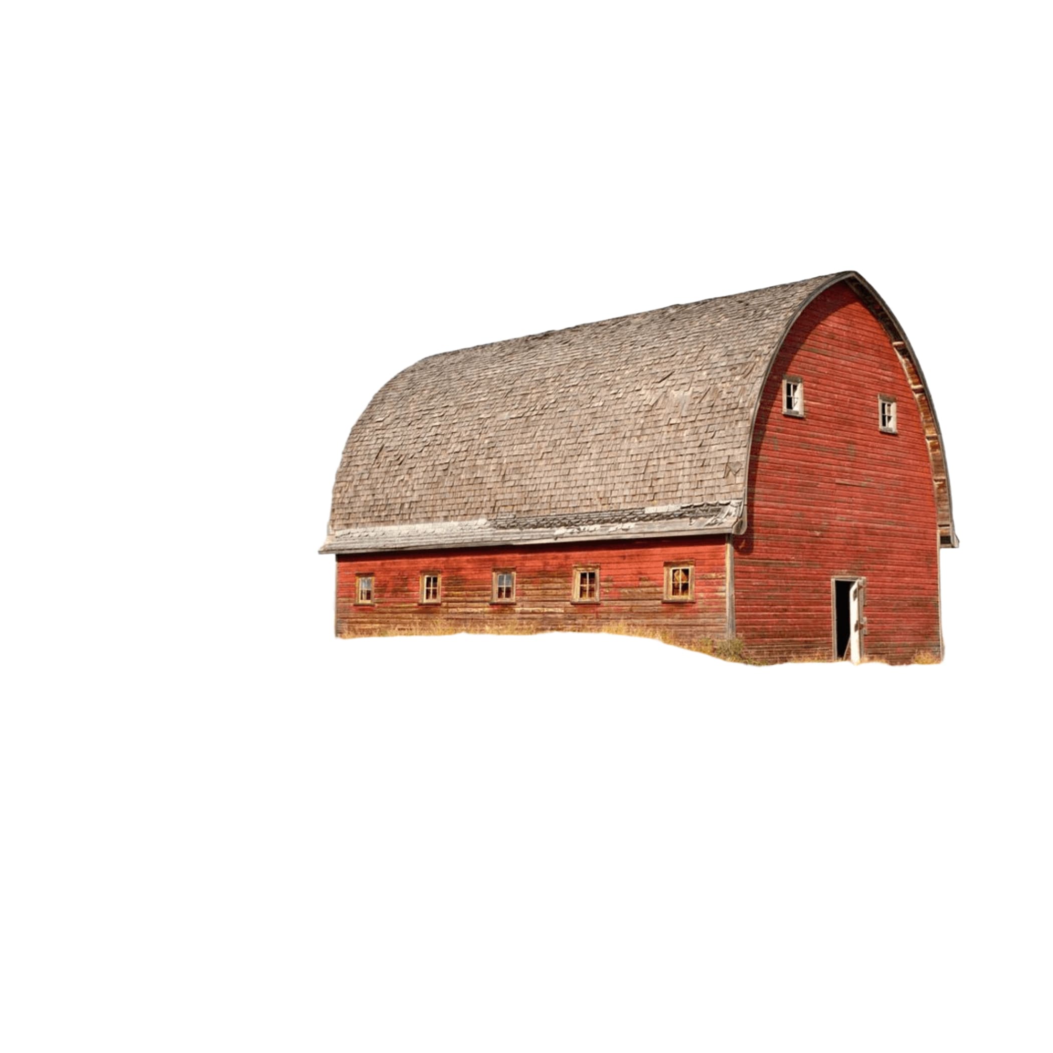 A weathered red wooden barn with a curved roof and gray shingles.