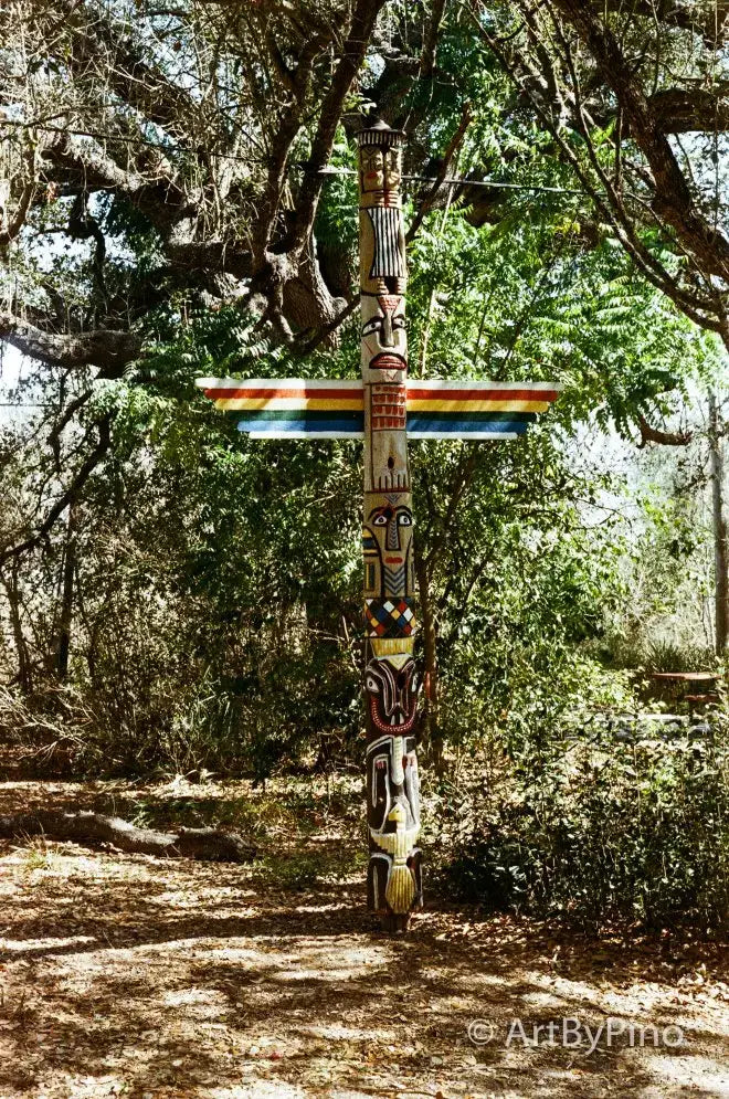 Tall carved wooden totem pole scanned with Epson V600, view fullsize