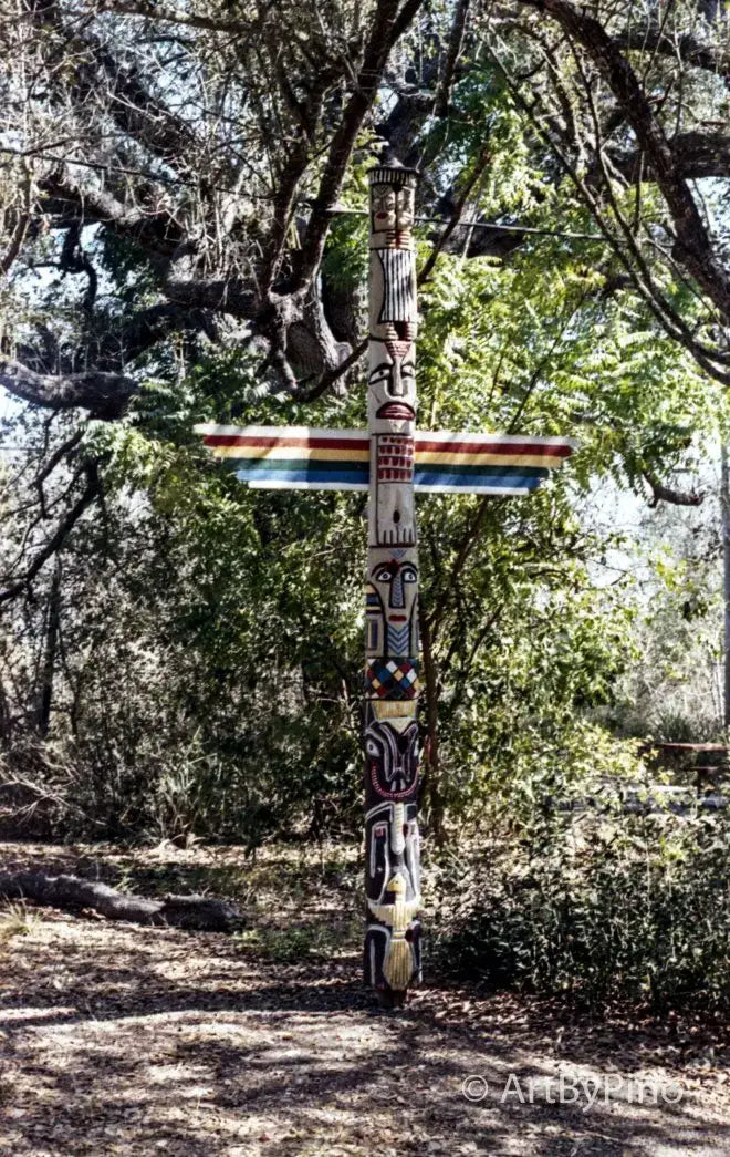 Tall intricately carved wooden totem pole scanned with Epson V600, view fullsize