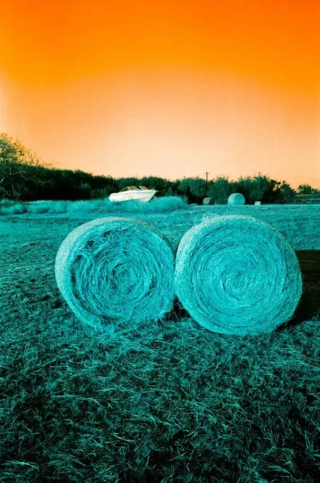 Two teal hay bales with circular patterns in Lomography turquoise film