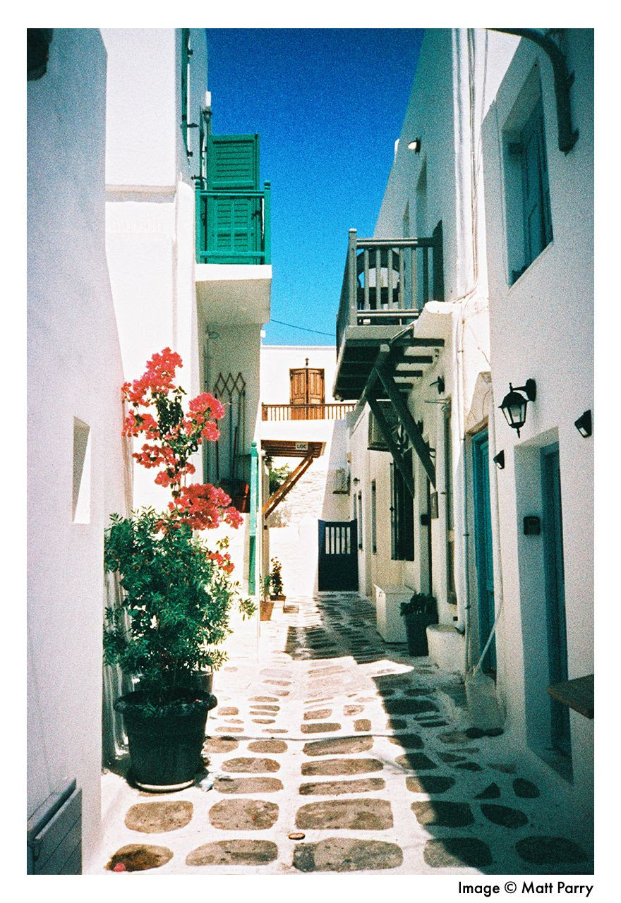 white stucco houses in an alley by matt parry on harman phoenix 35mm film