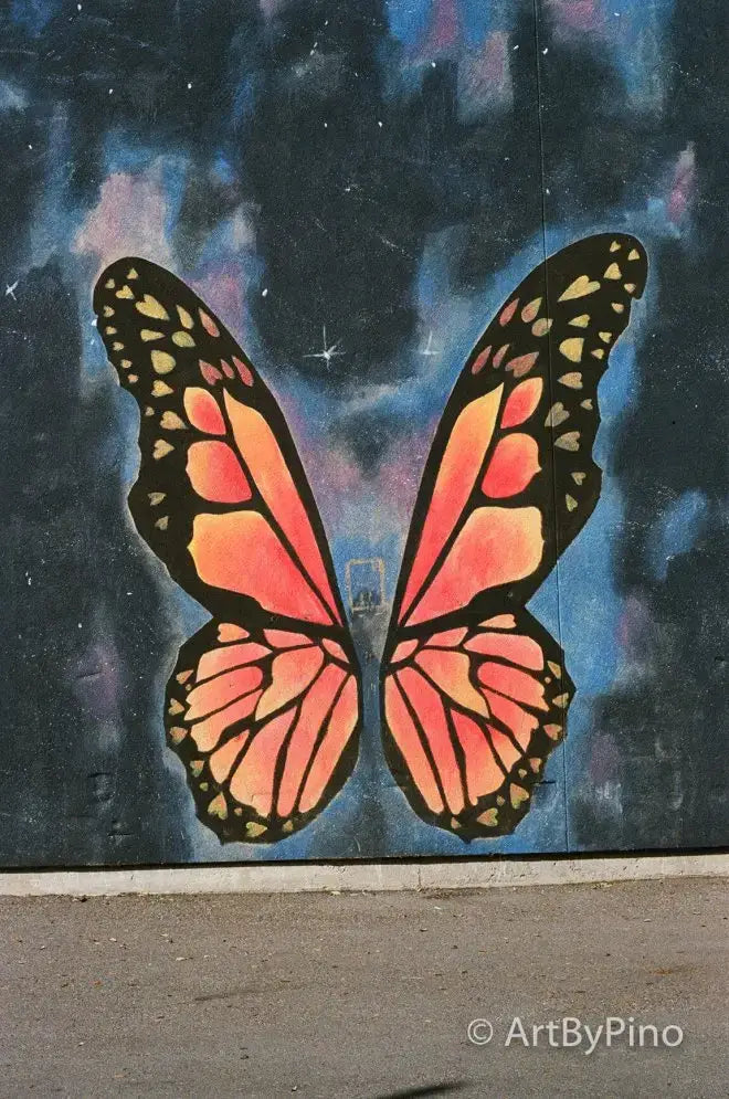 Vibrant orange black monarch butterfly mural on starry wall, Texas view fullsize