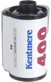 White Kentmere 400 35mm medium format film roll with blue red label